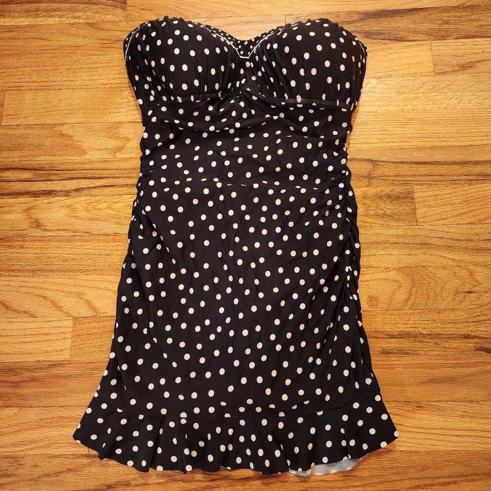 2 Bamboo One Piece Strapless Black Polka Dot Ruffled Bottom Swimsuit 12D